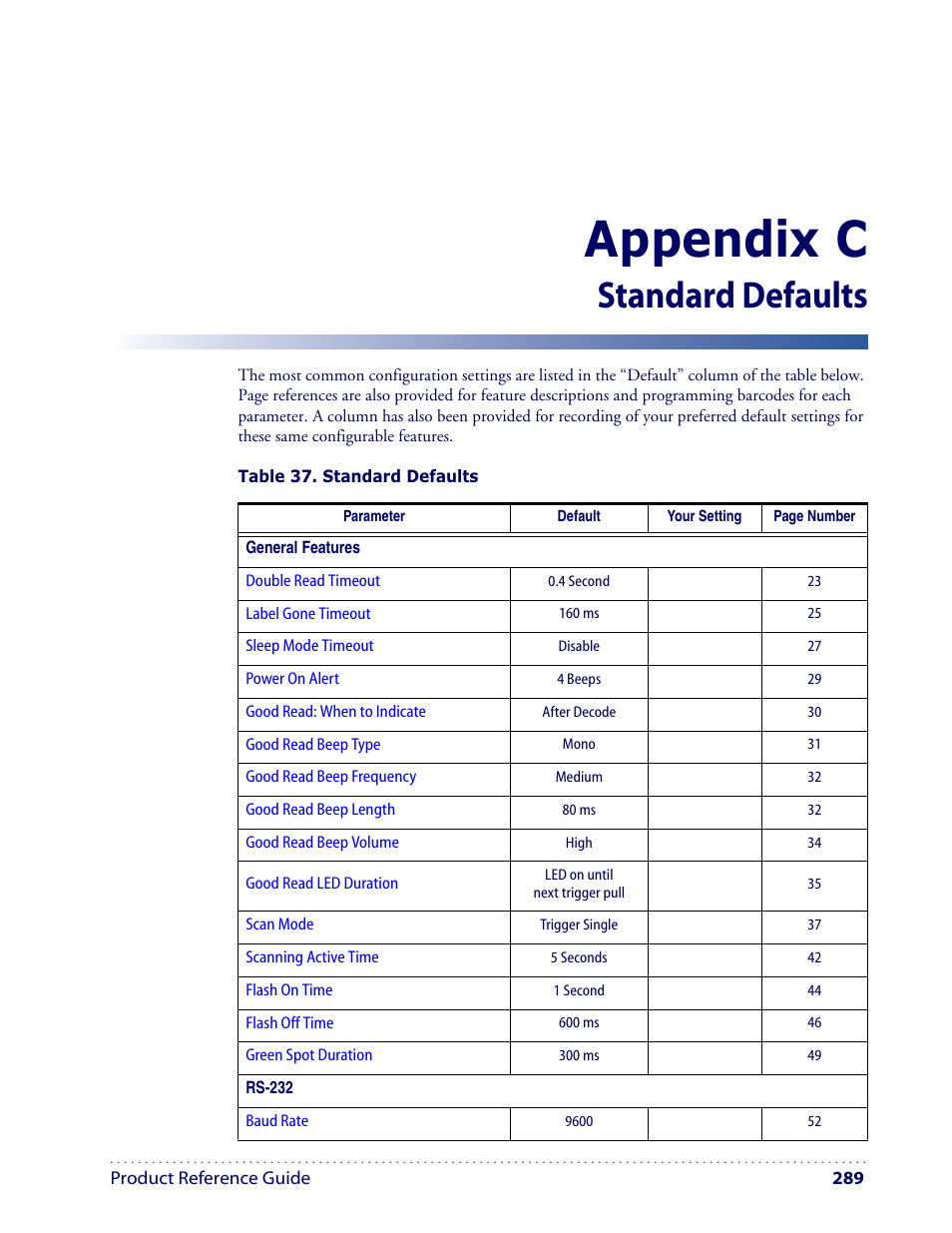 Appendix c, Standard defaults | Datalogic Scanning I GD4100 User Manual | Page 291 / 324