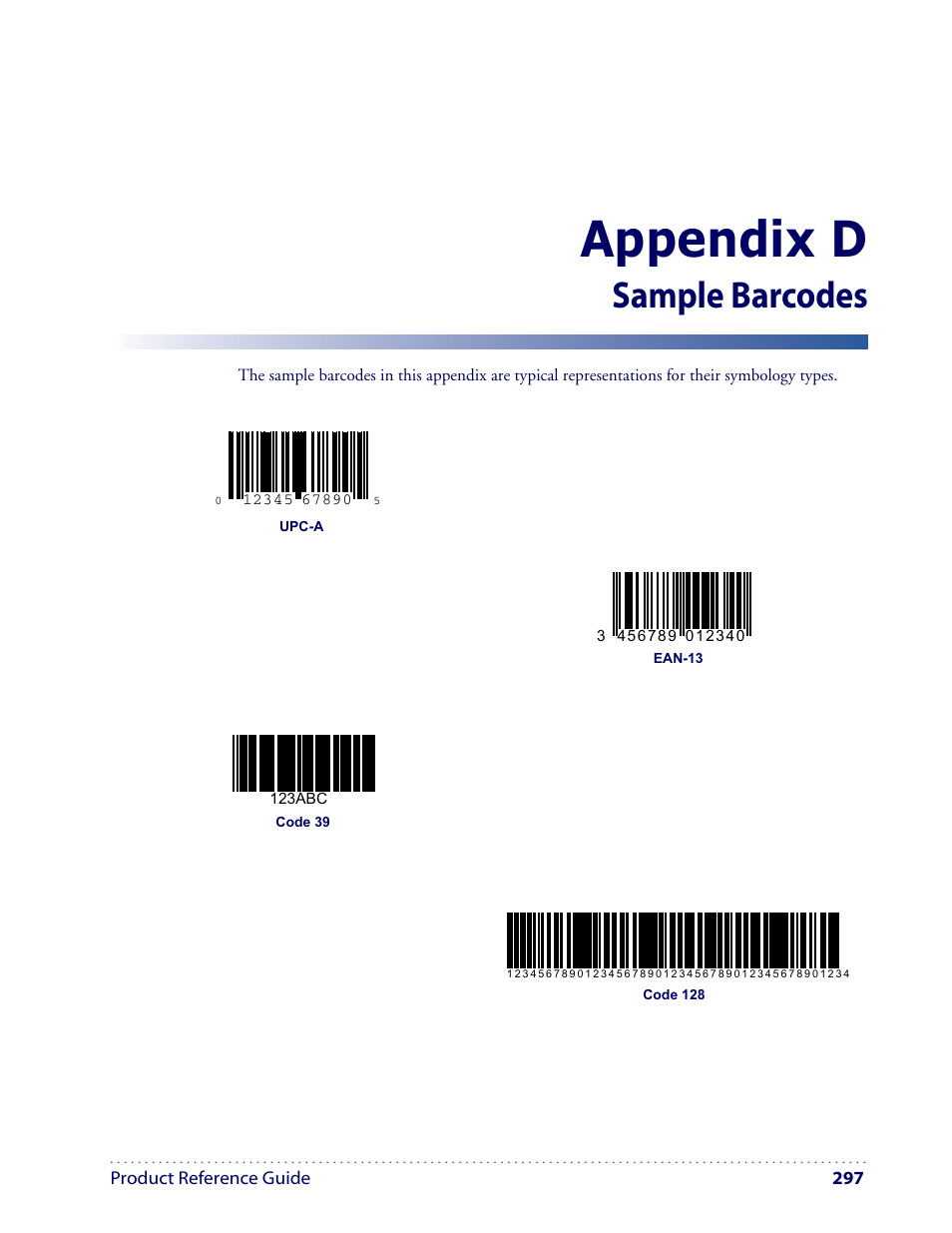 Appendix d, Sample barcodes | Datalogic Scanning I GD4100 User Manual | Page 299 / 324