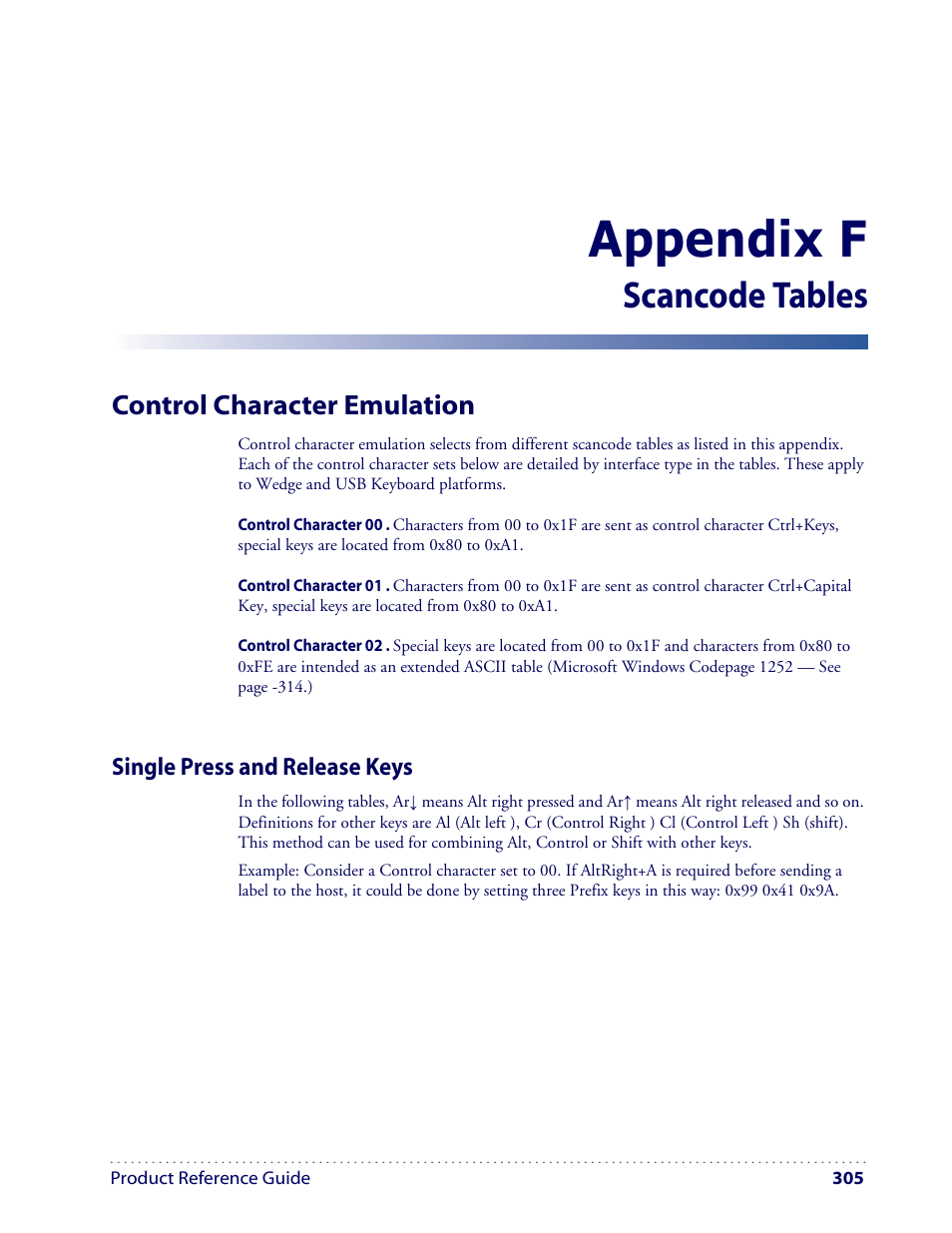 Appendix f, Scancode tables, Control character emulation | Datalogic Scanning I GD4100 User Manual | Page 307 / 324