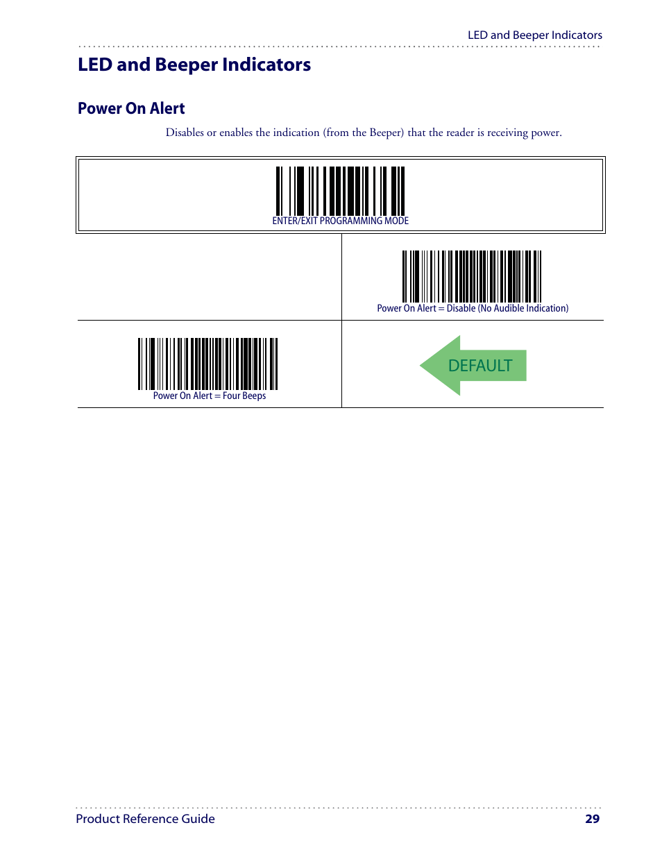 Led and beeper indicators, Default, Power on alert | Datalogic Scanning I GD4100 User Manual | Page 31 / 324