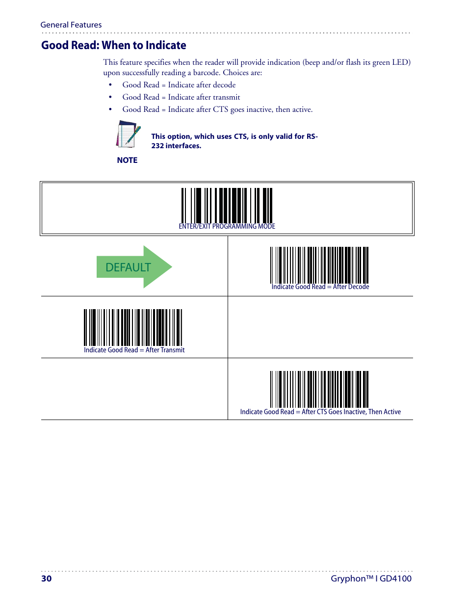 Default, Good read: when to indicate | Datalogic Scanning I GD4100 User Manual | Page 32 / 324