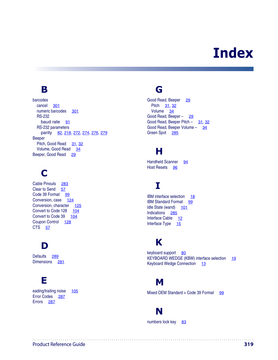 Index | Datalogic Scanning I GD4100 User Manual | Page 321 / 324