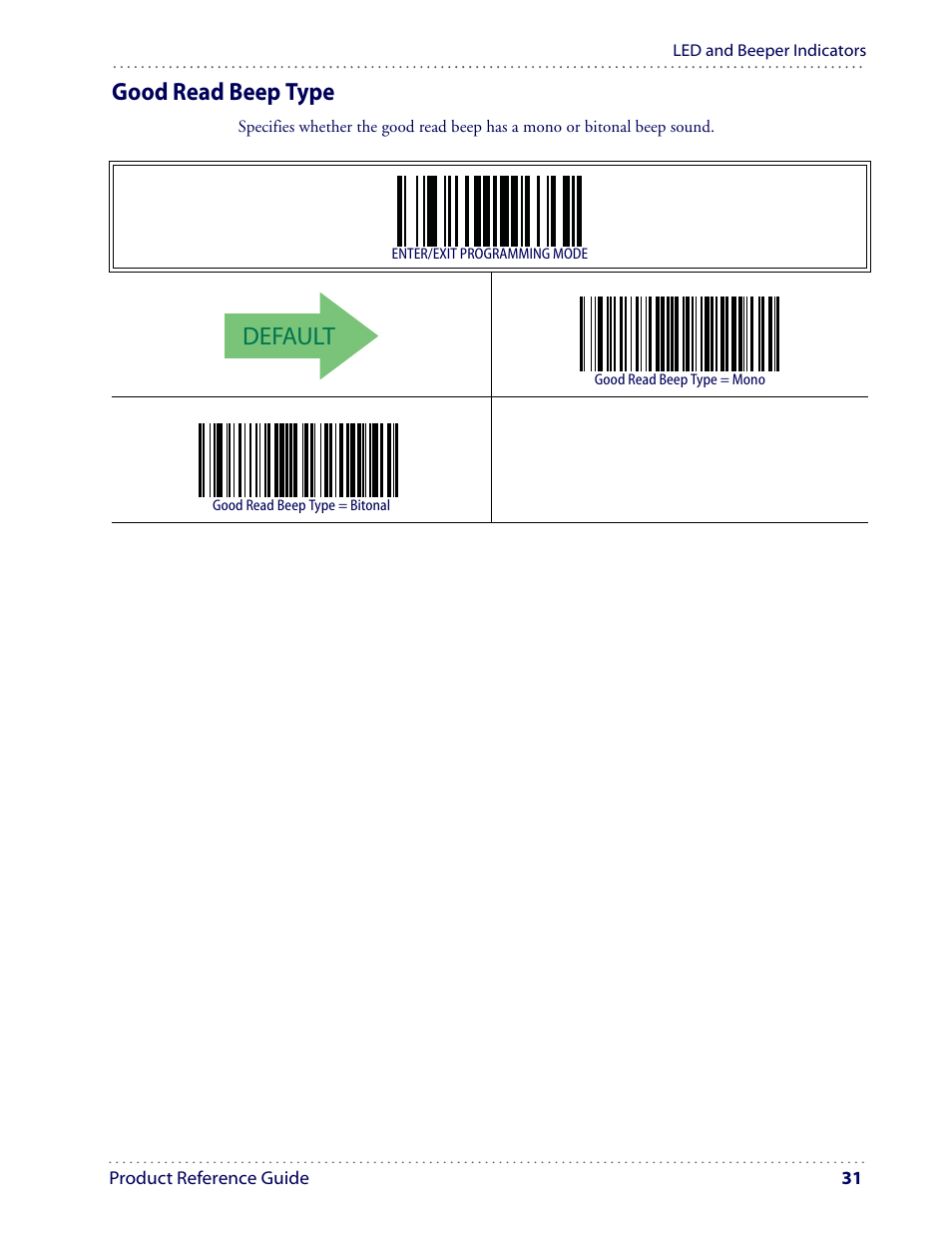 Default, Good read beep type | Datalogic Scanning I GD4100 User Manual | Page 33 / 324