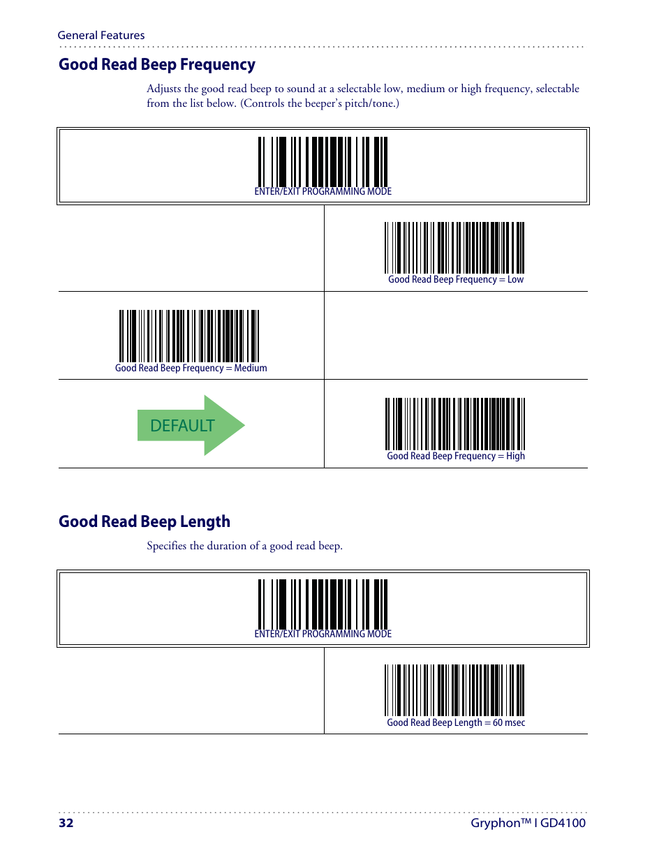 Default, Good read beep frequency, Good read beep length | Datalogic Scanning I GD4100 User Manual | Page 34 / 324