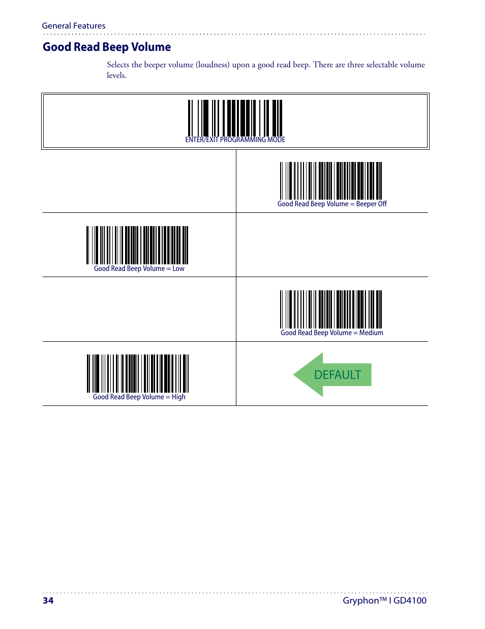 Default, Good read beep volume | Datalogic Scanning I GD4100 User Manual | Page 36 / 324