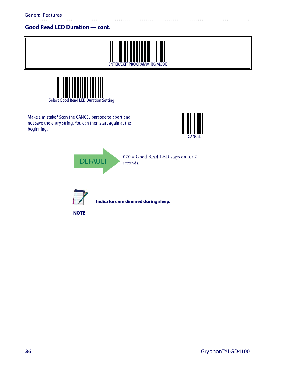 Default, Good read led duration — cont | Datalogic Scanning I GD4100 User Manual | Page 38 / 324