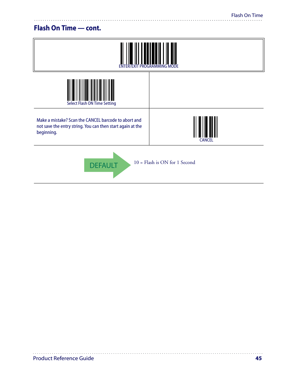 Default, Flash on time — cont | Datalogic Scanning I GD4100 User Manual | Page 47 / 324