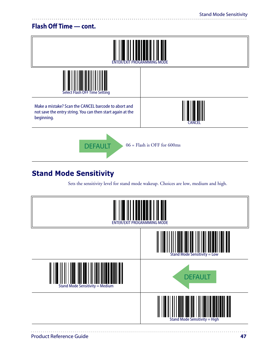 Default, Flash off time — cont. stand mode sensitivity | Datalogic Scanning I GD4100 User Manual | Page 49 / 324