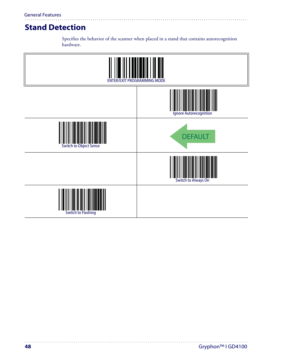 Stand detection, Default | Datalogic Scanning I GD4100 User Manual | Page 50 / 324