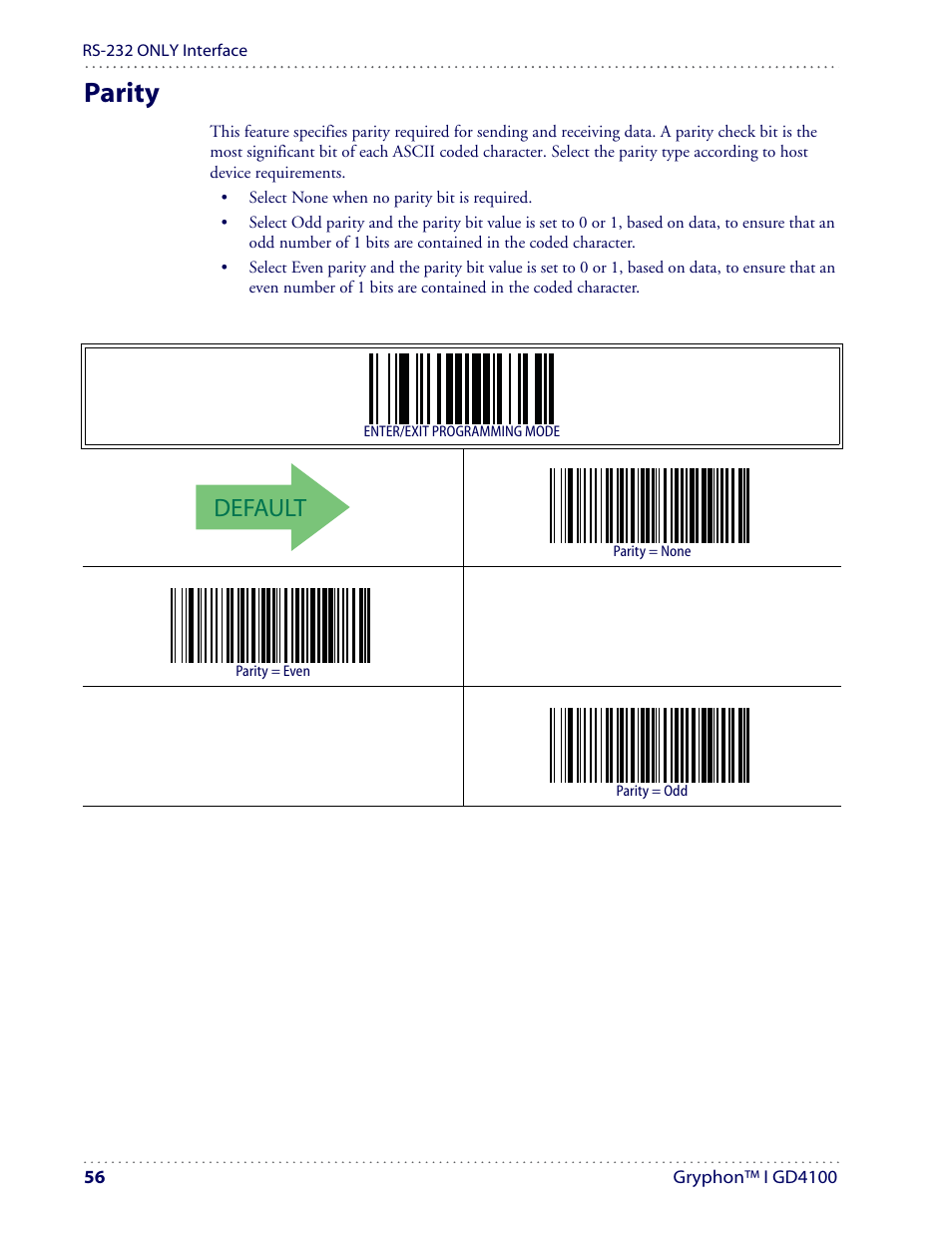 Parity, Default | Datalogic Scanning I GD4100 User Manual | Page 58 / 324