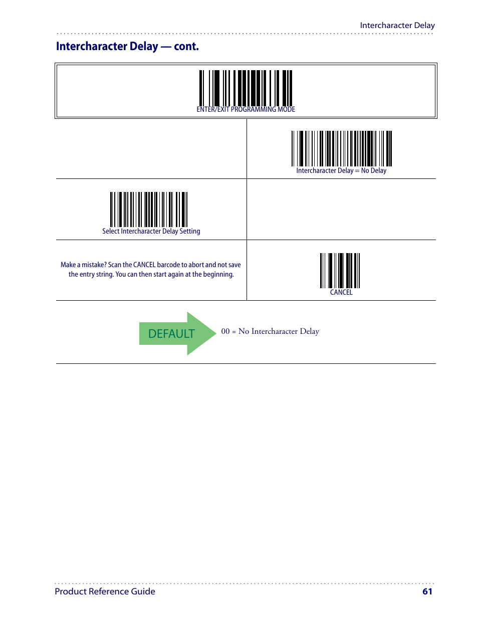 Default, Intercharacter delay — cont | Datalogic Scanning I GD4100 User Manual | Page 63 / 324