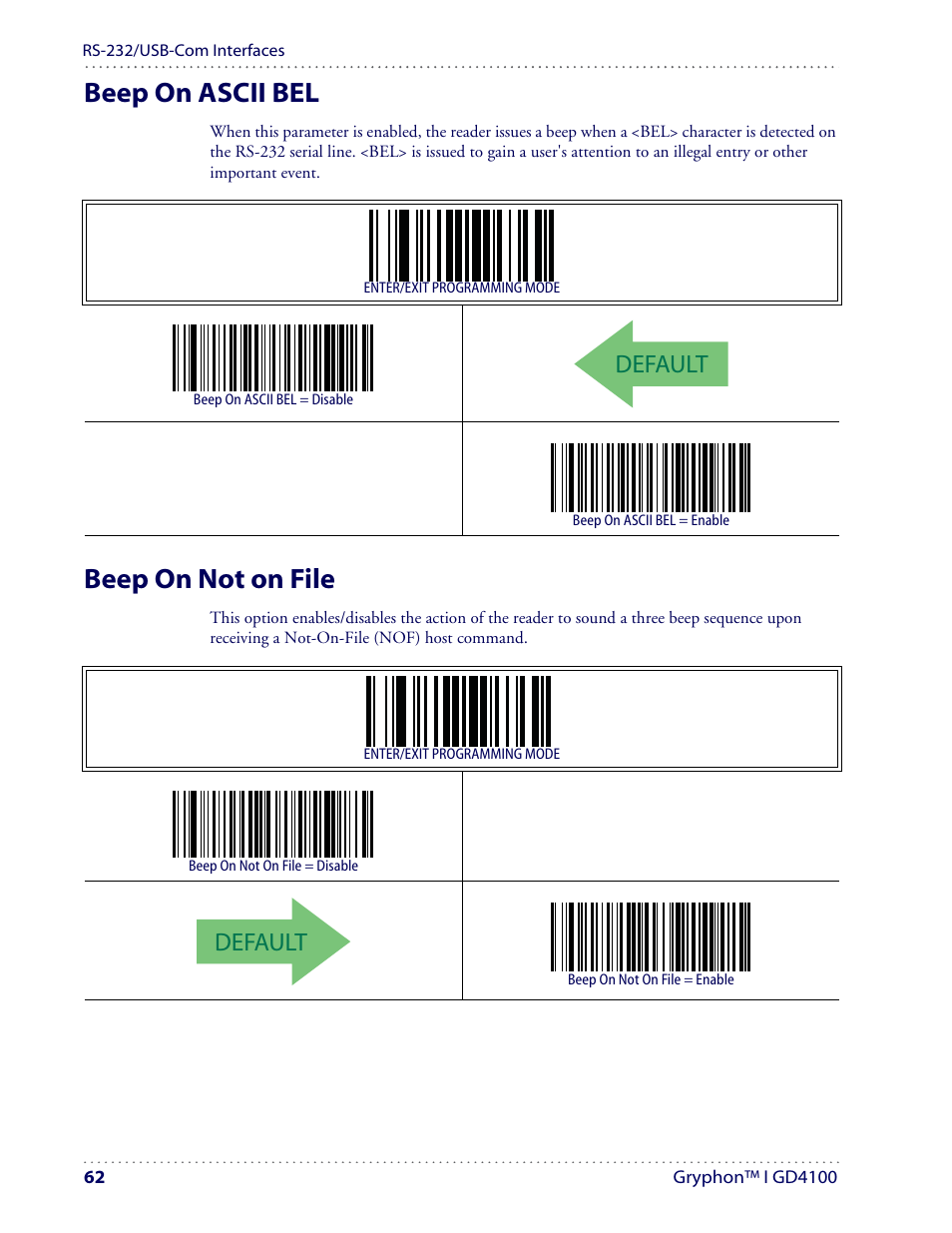 Beep on ascii bel, Beep on not on file, Default | Datalogic Scanning I GD4100 User Manual | Page 64 / 324