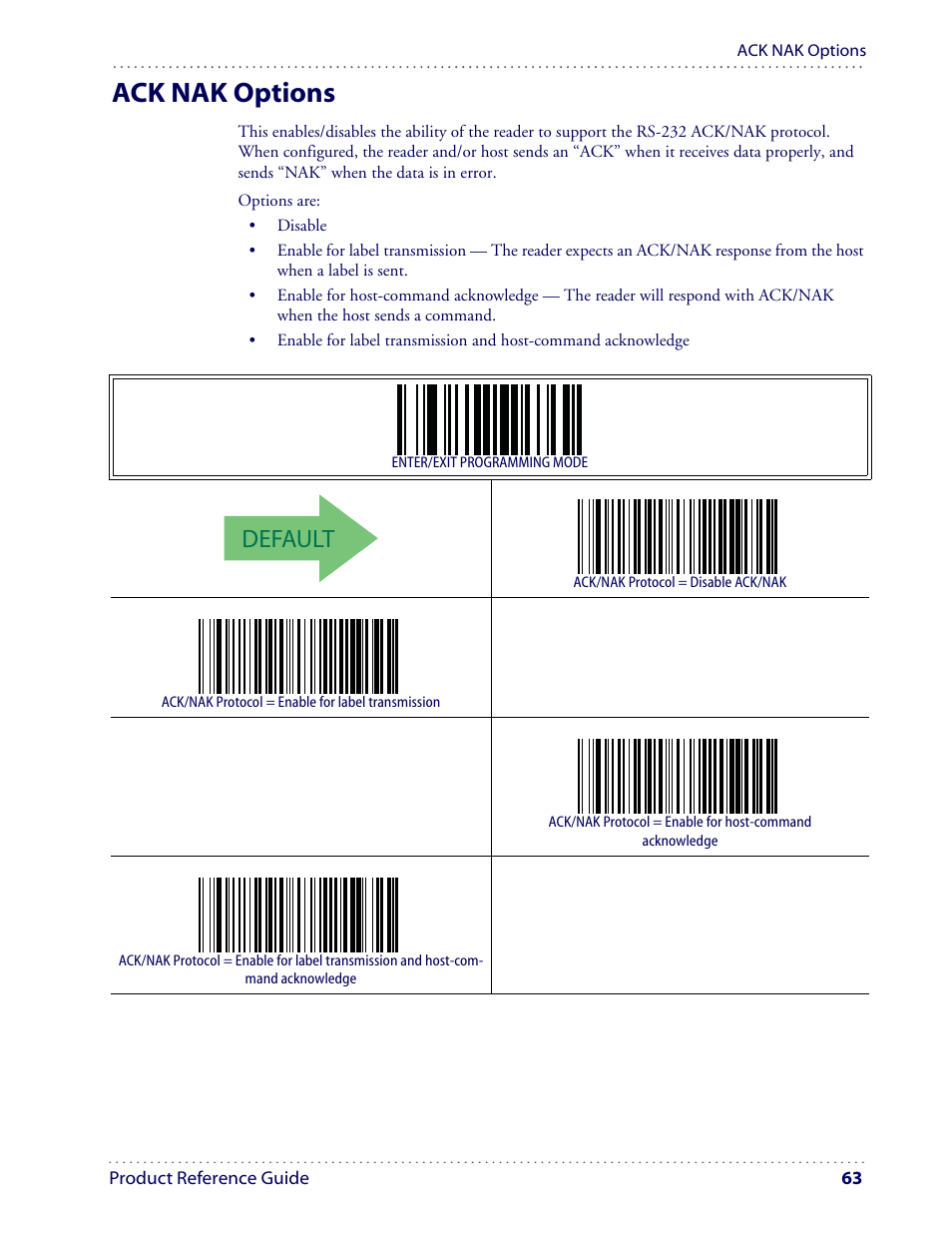 Ack nak options, Default | Datalogic Scanning I GD4100 User Manual | Page 65 / 324