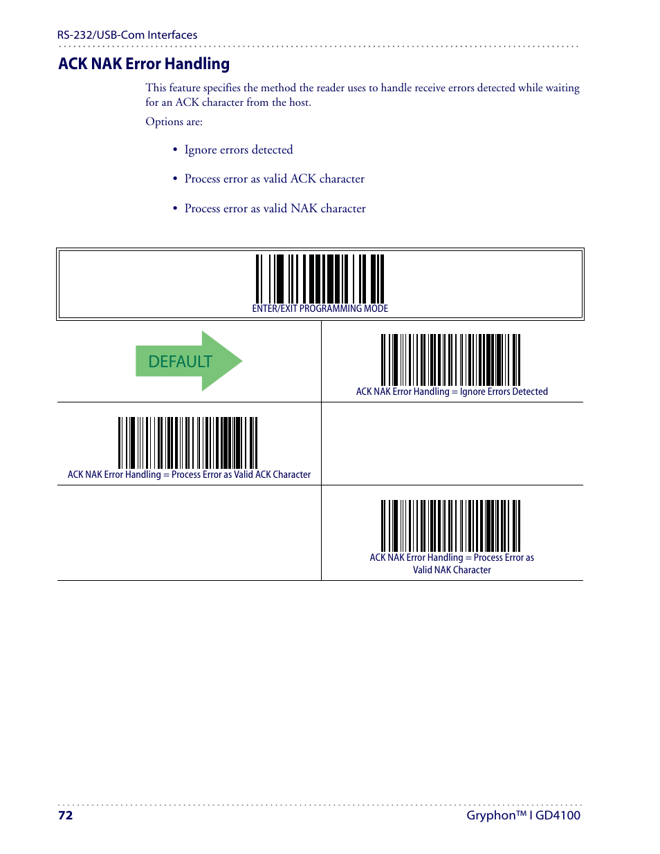 Default, Ack nak error handling | Datalogic Scanning I GD4100 User Manual | Page 74 / 324