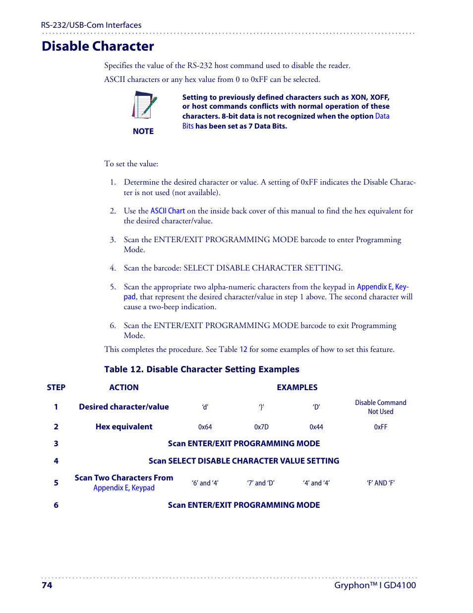 Disable character | Datalogic Scanning I GD4100 User Manual | Page 76 / 324