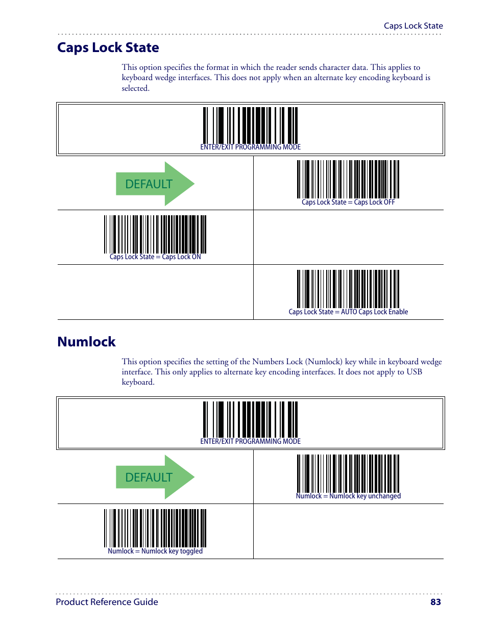 Caps lock state, Numlock, Default | Datalogic Scanning I GD4100 User Manual | Page 85 / 324