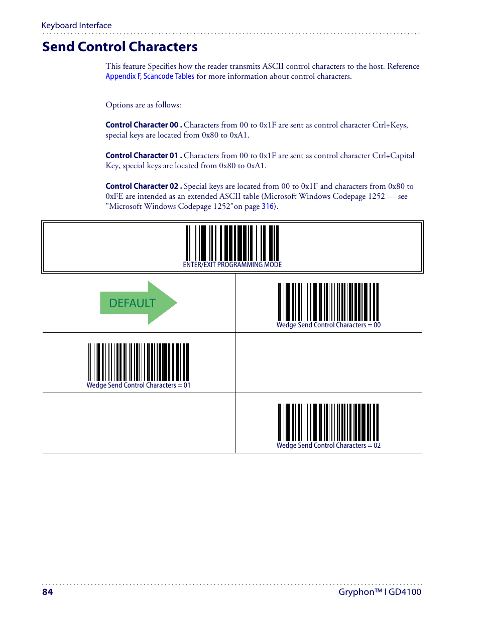 Send control characters, Default | Datalogic Scanning I GD4100 User Manual | Page 86 / 324