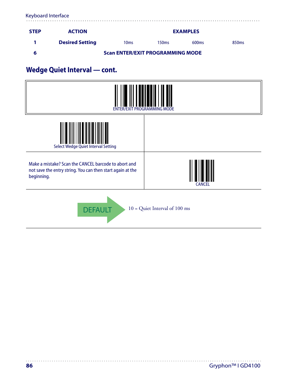 Default, Wedge quiet interval — cont | Datalogic Scanning I GD4100 User Manual | Page 88 / 324