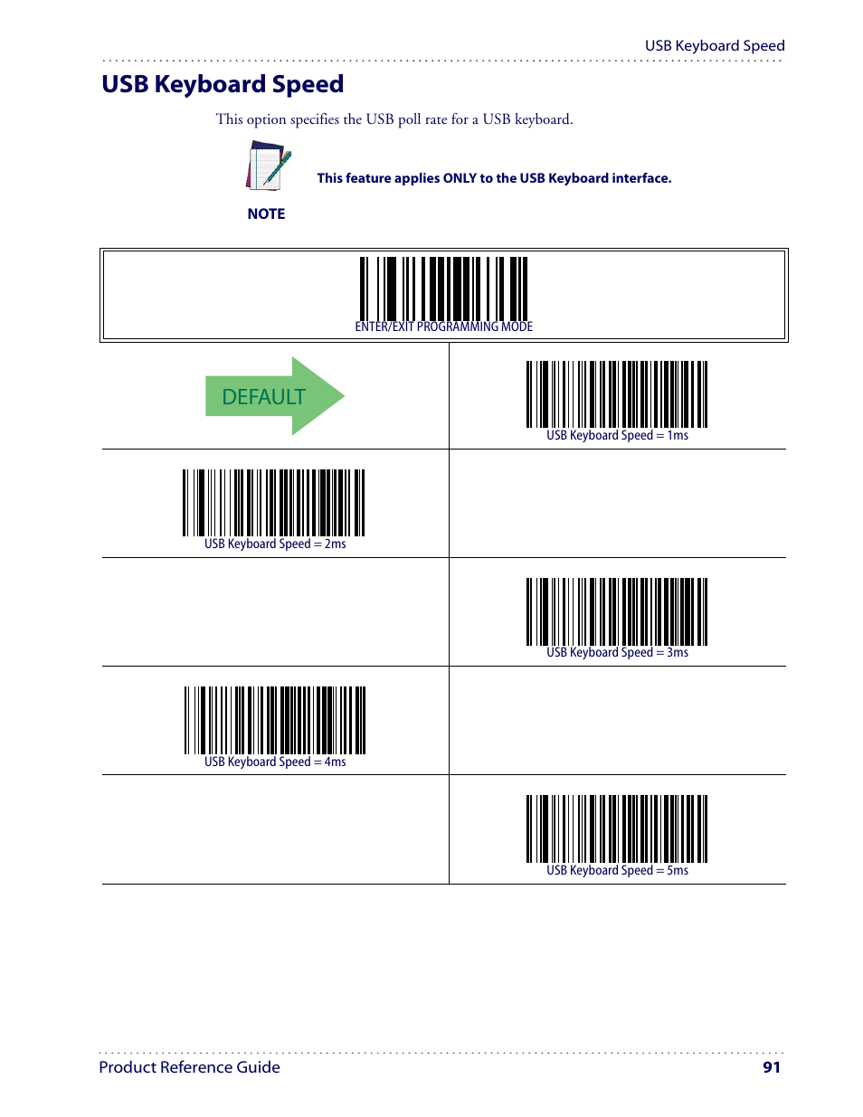 Usb keyboard speed, Default | Datalogic Scanning I GD4100 User Manual | Page 93 / 324