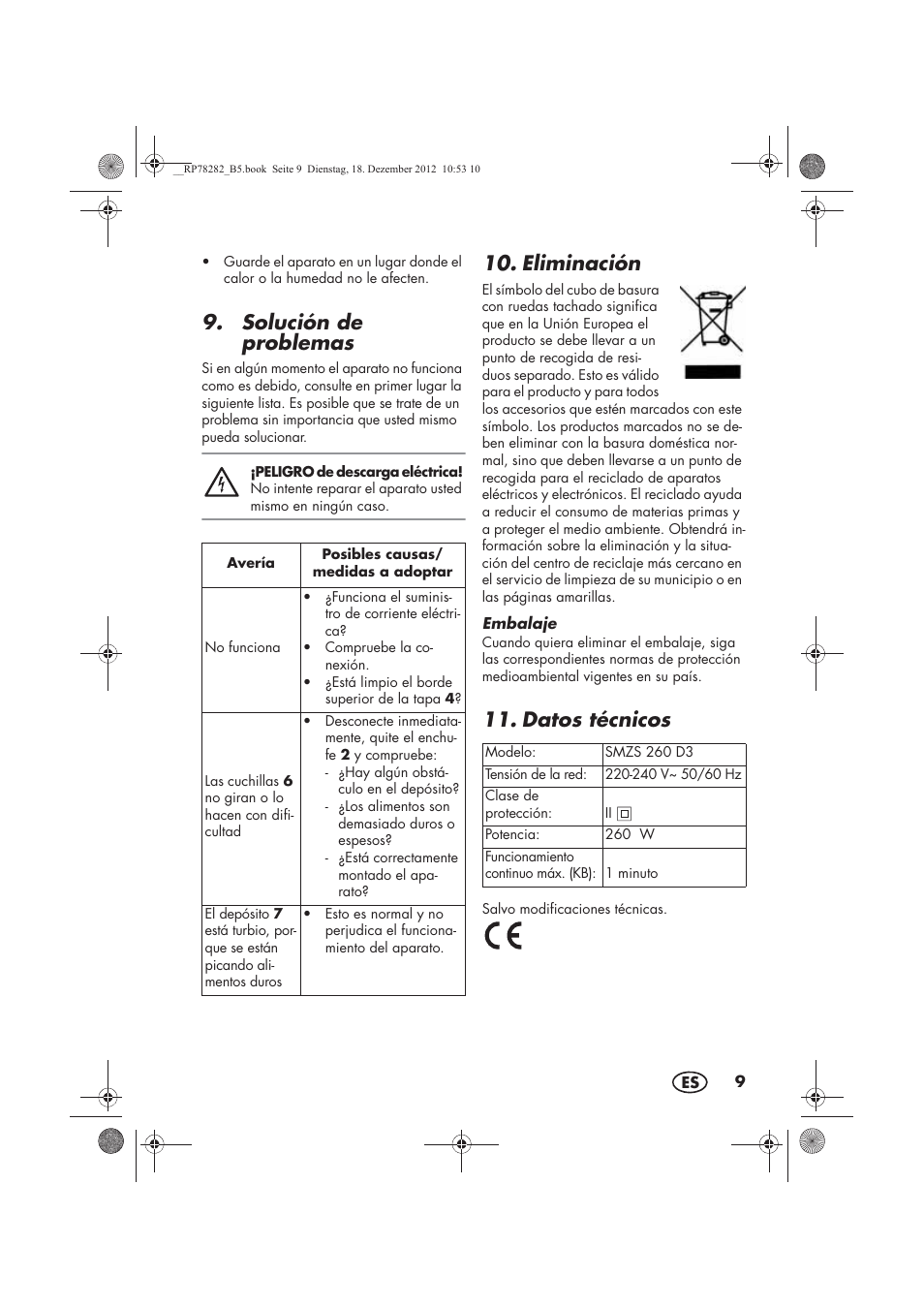 Solución de problemas, Eliminación, Datos técnicos | Silvercrest SMZS 260 D3 User Manual | Page 11 / 54
