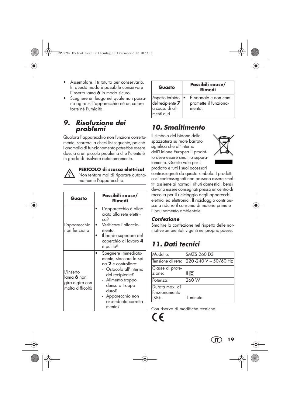 Risoluzione dei problemi, Smaltimento, Dati tecnici | Silvercrest SMZS 260 D3 User Manual | Page 21 / 54