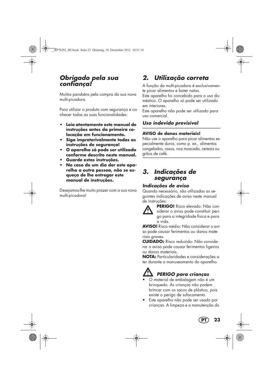 Obrigado pela sua confiança, Utilização correta, Indicações de segurança | Silvercrest SMZS 260 D3 User Manual | Page 25 / 54