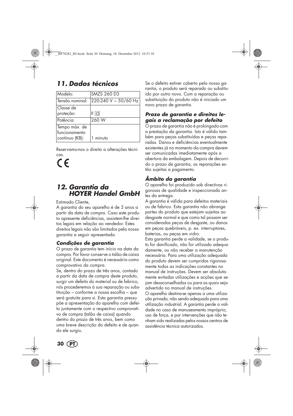 Dados técnicos, Garantia da hoyer handel gmbh | Silvercrest SMZS 260 D3 User Manual | Page 32 / 54