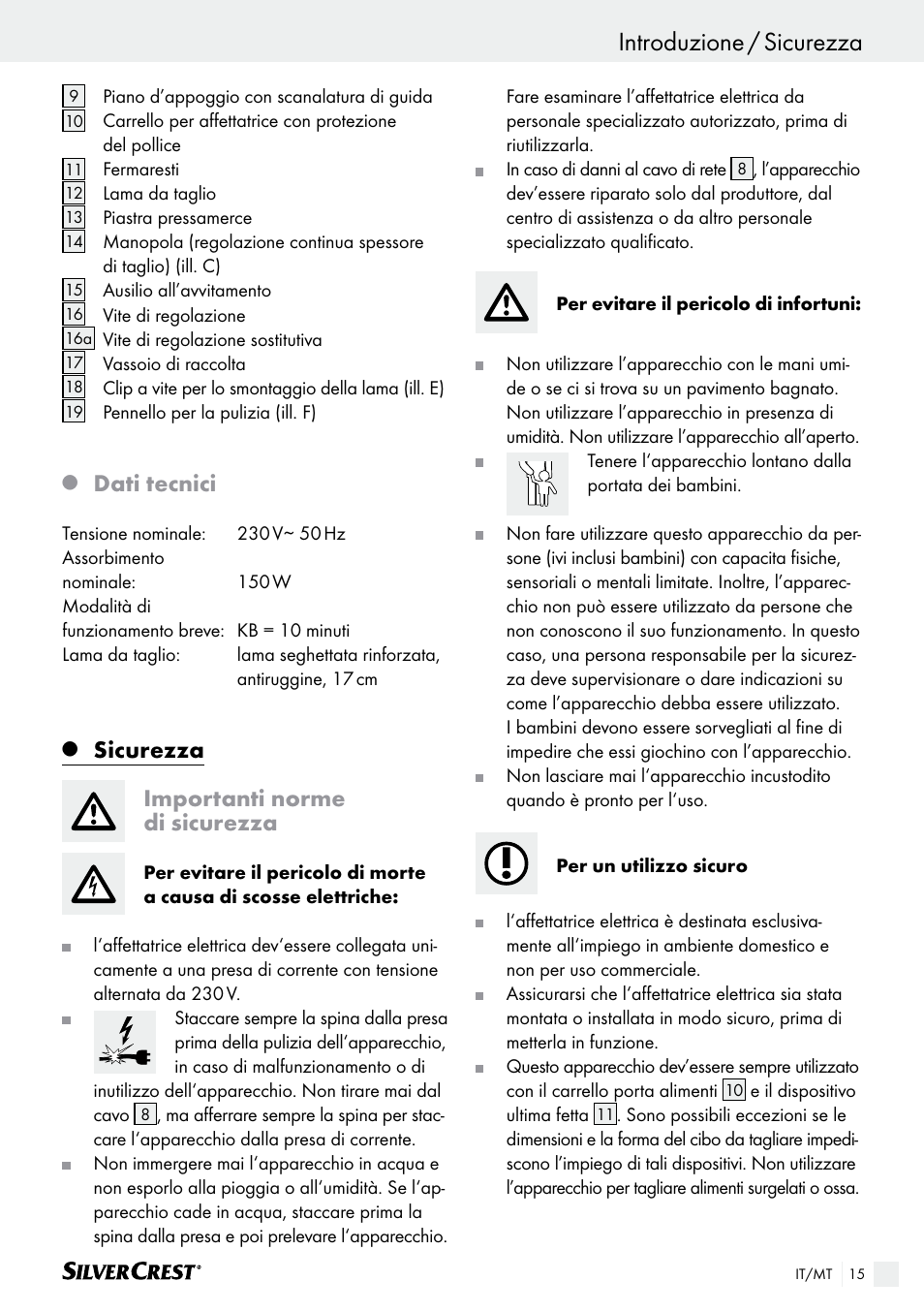 Introduzione, Introduzione / sicurezza, Dati tecnici | Sicurezza importanti norme di sicurezza | Silvercrest SAS 150 A1 User Manual | Page 15 / 45
