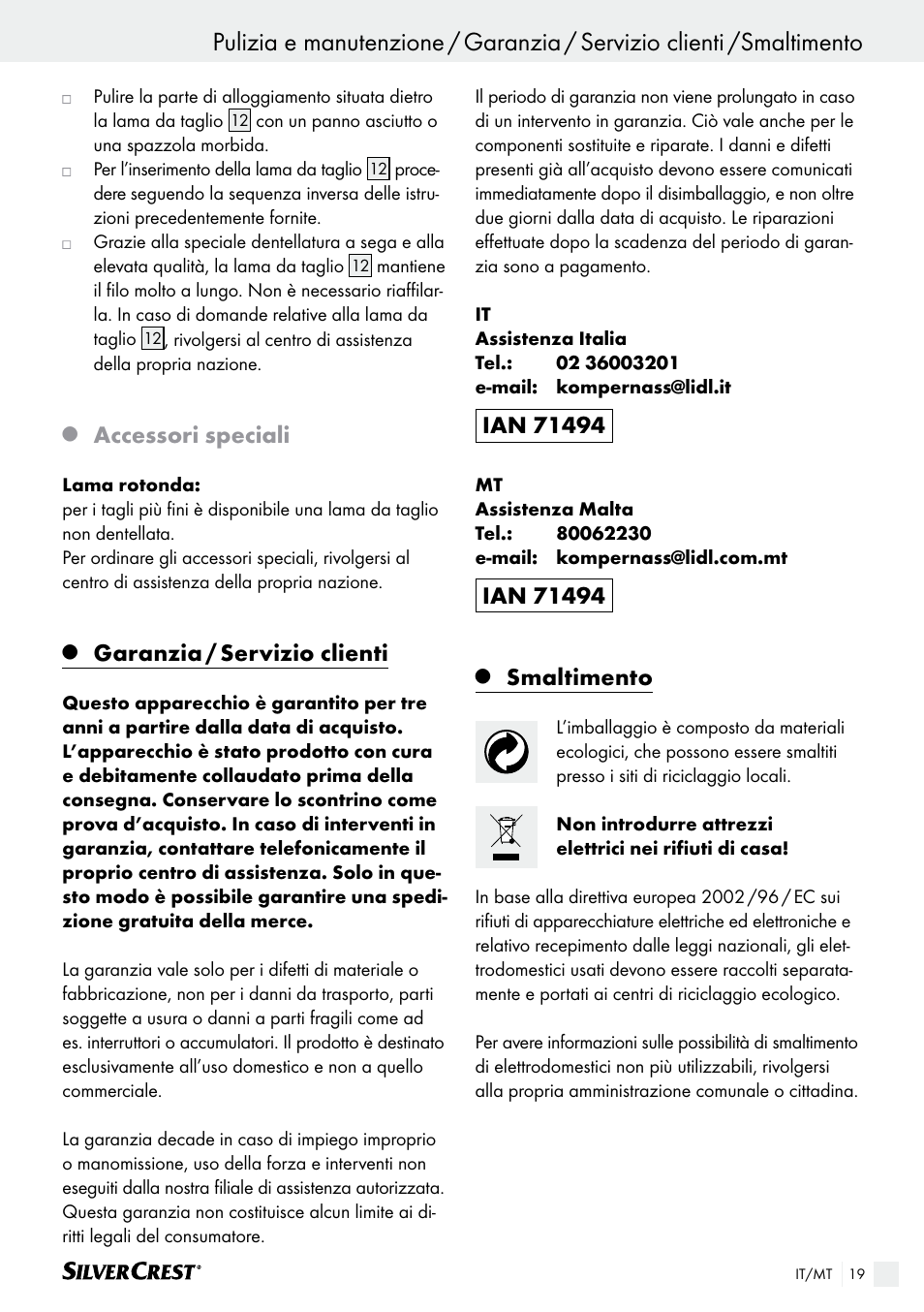 Utilizzo / pulizia e manutenzione, Accessori speciali, Garanzia / servizio clienti | Smaltimento | Silvercrest SAS 150 A1 User Manual | Page 19 / 45