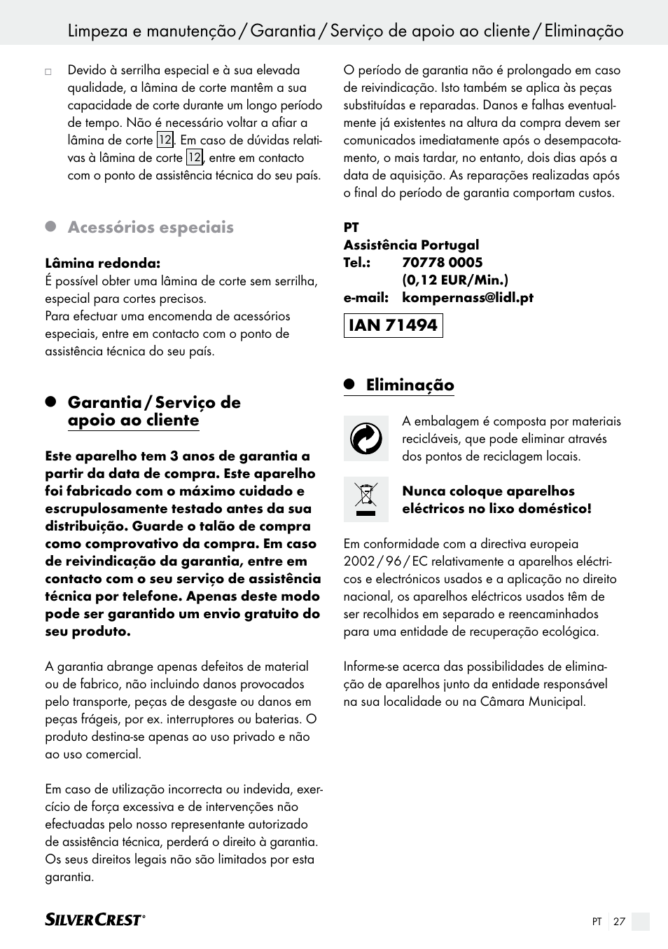 Acessórios especiais, Garantia / serviço de apoio ao cliente, Eliminação | Silvercrest SAS 150 A1 User Manual | Page 27 / 45