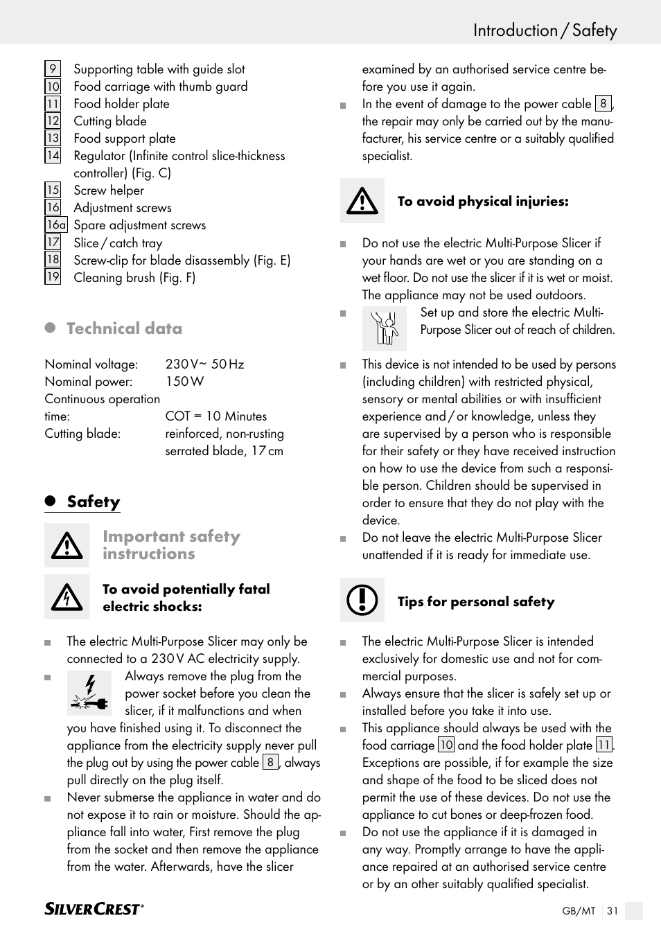 Introduction, Introduction / safety, Technical data | Safety important safety instructions | Silvercrest SAS 150 A1 User Manual | Page 31 / 45