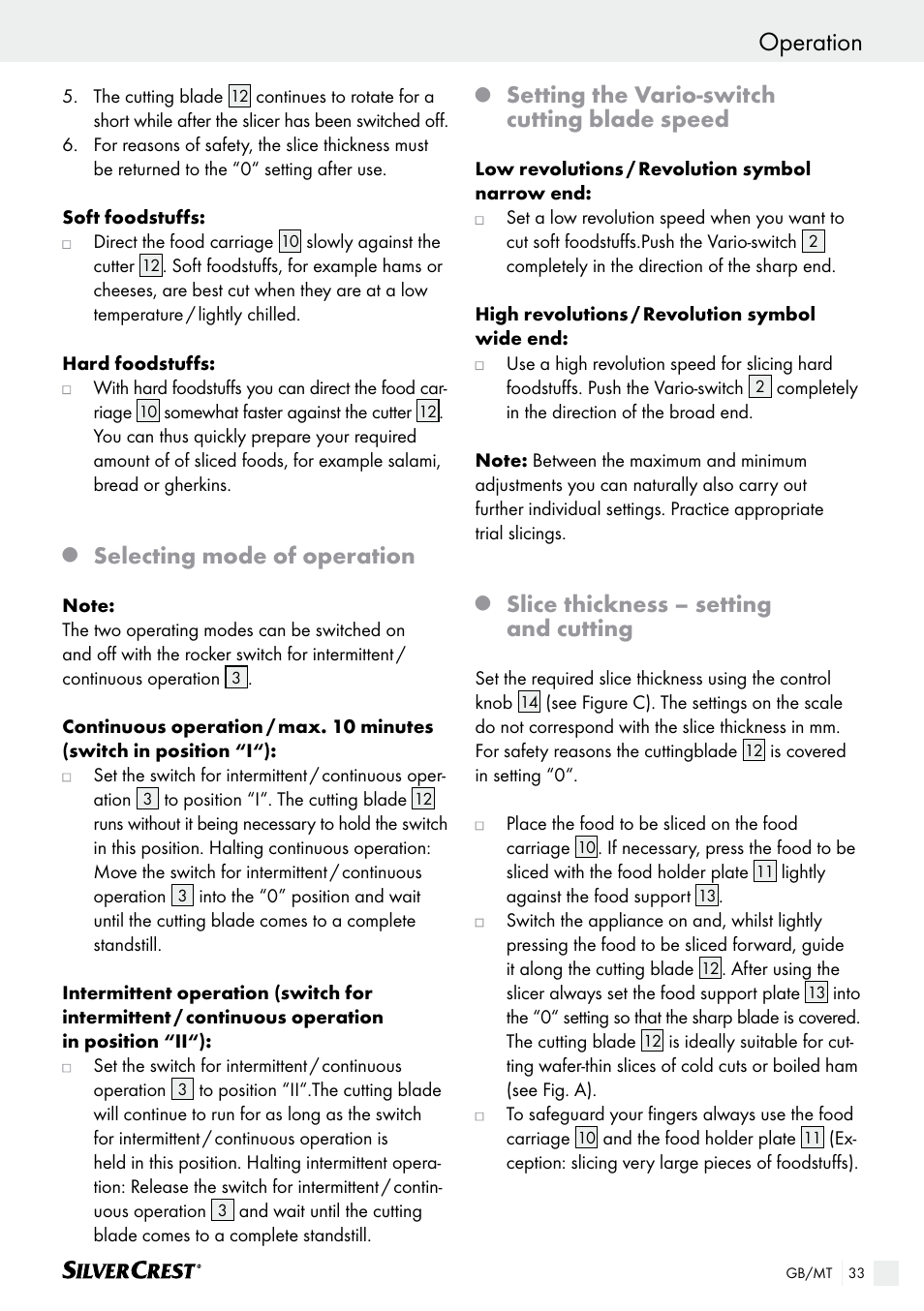 Safety / before the first usage / operation, Operation, Selecting mode of operation | Setting the vario-switch cutting blade speed, Slice thickness – setting and cutting | Silvercrest SAS 150 A1 User Manual | Page 33 / 45