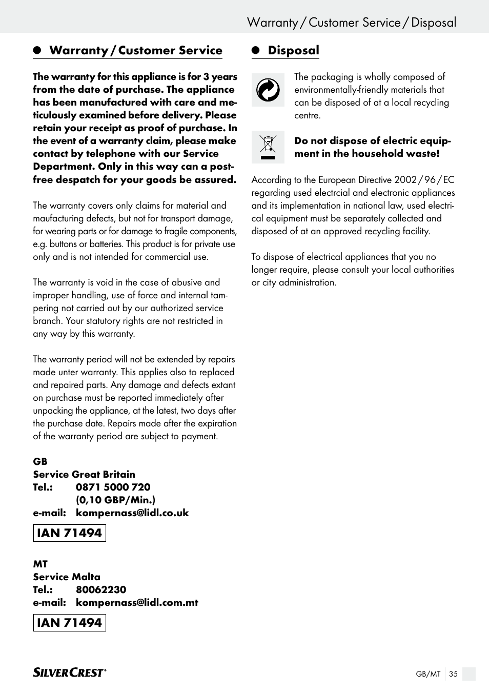 Cleaning and maintenance, Warranty / customer service / disposal, Warranty / customer service | Disposal | Silvercrest SAS 150 A1 User Manual | Page 35 / 45