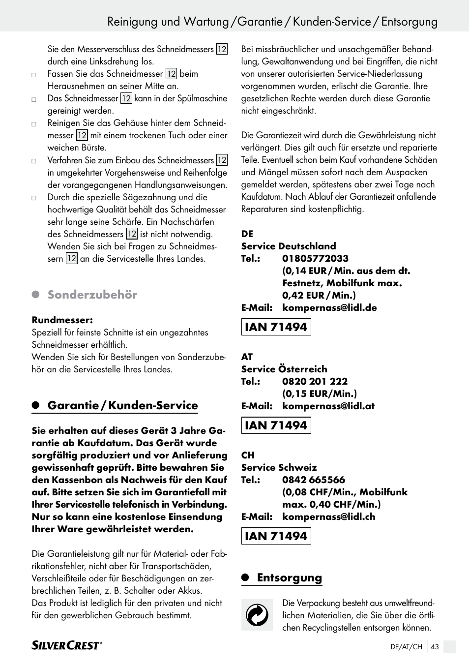 Bedienung / reinigung und wartung, Sonderzubehör, Garantie / kunden-service | Entsorgung | Silvercrest SAS 150 A1 User Manual | Page 43 / 45