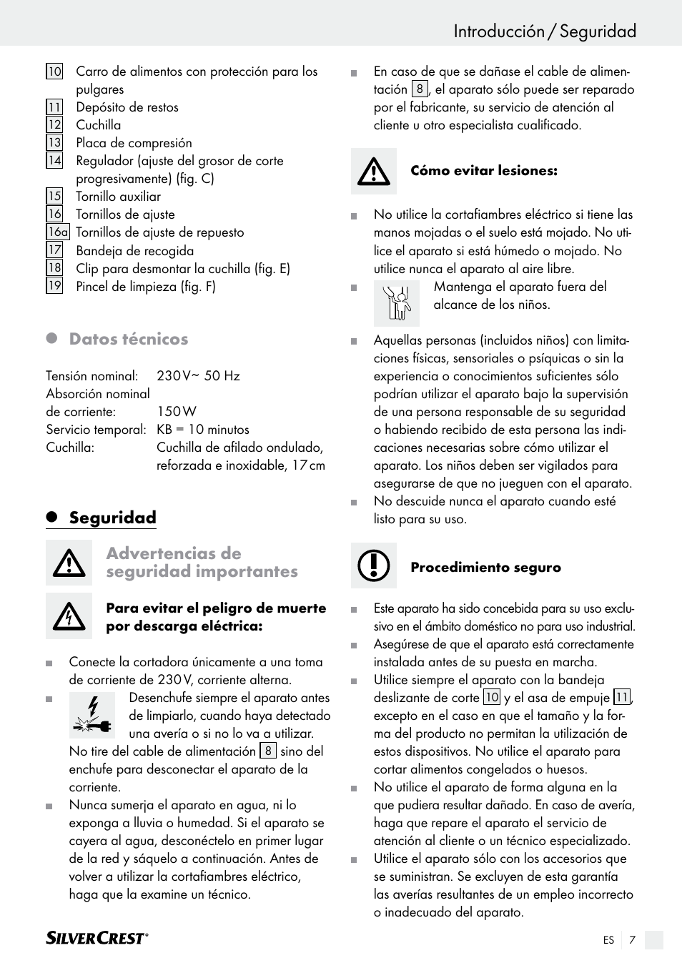 Introducción / seguridad introducción, Datos técnicos, Seguridad advertencias de seguridad importantes | Silvercrest SAS 150 A1 User Manual | Page 7 / 45