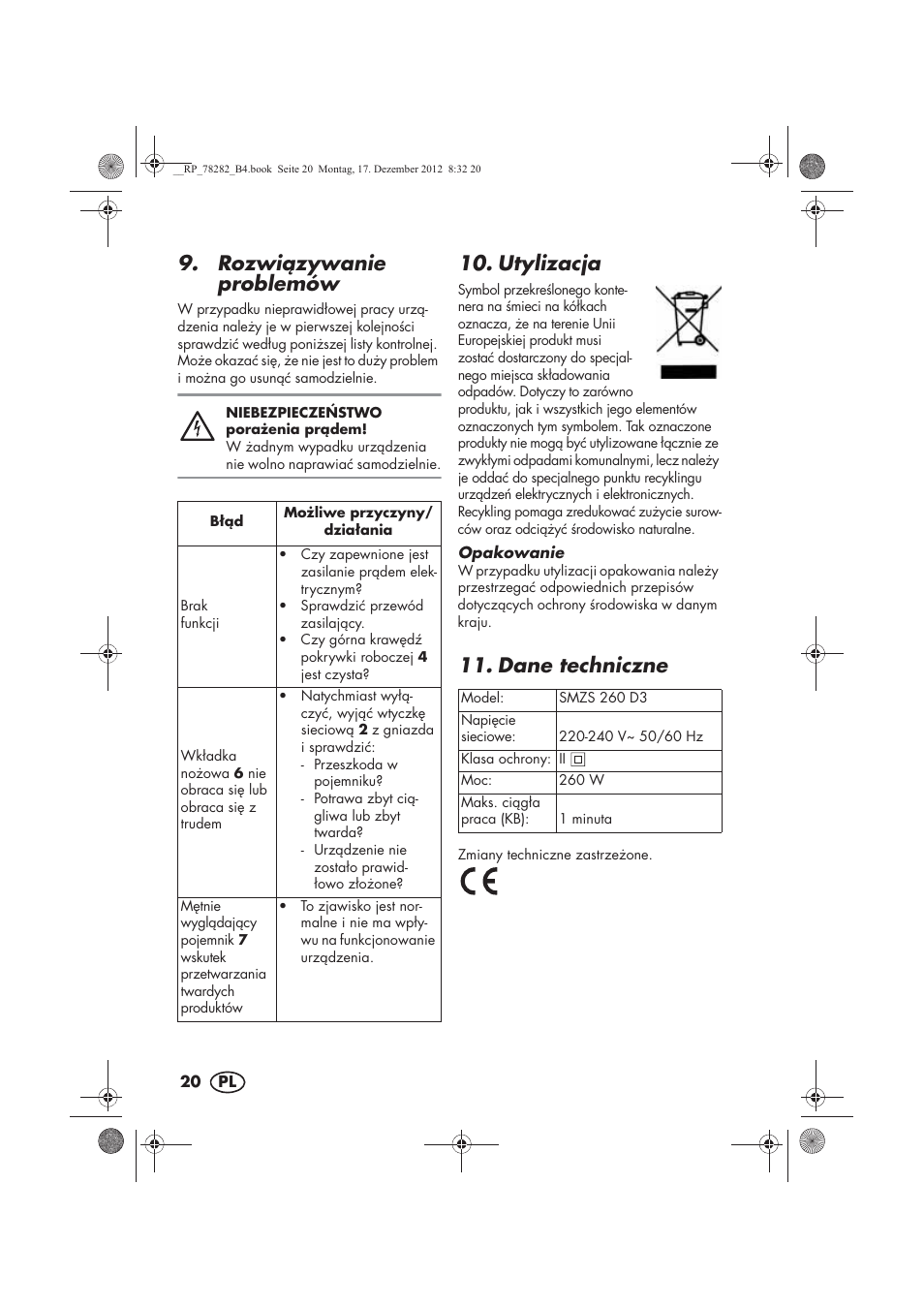 Rozwizywanie problemów, Utylizacja, Dane techniczne | Silvercrest SMZS 260 D3 User Manual | Page 22 / 78