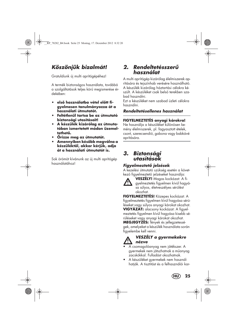 Köszönjük bizalmát, Rendeltetésszer használat, Biztonsági utasítások | Silvercrest SMZS 260 D3 User Manual | Page 27 / 78