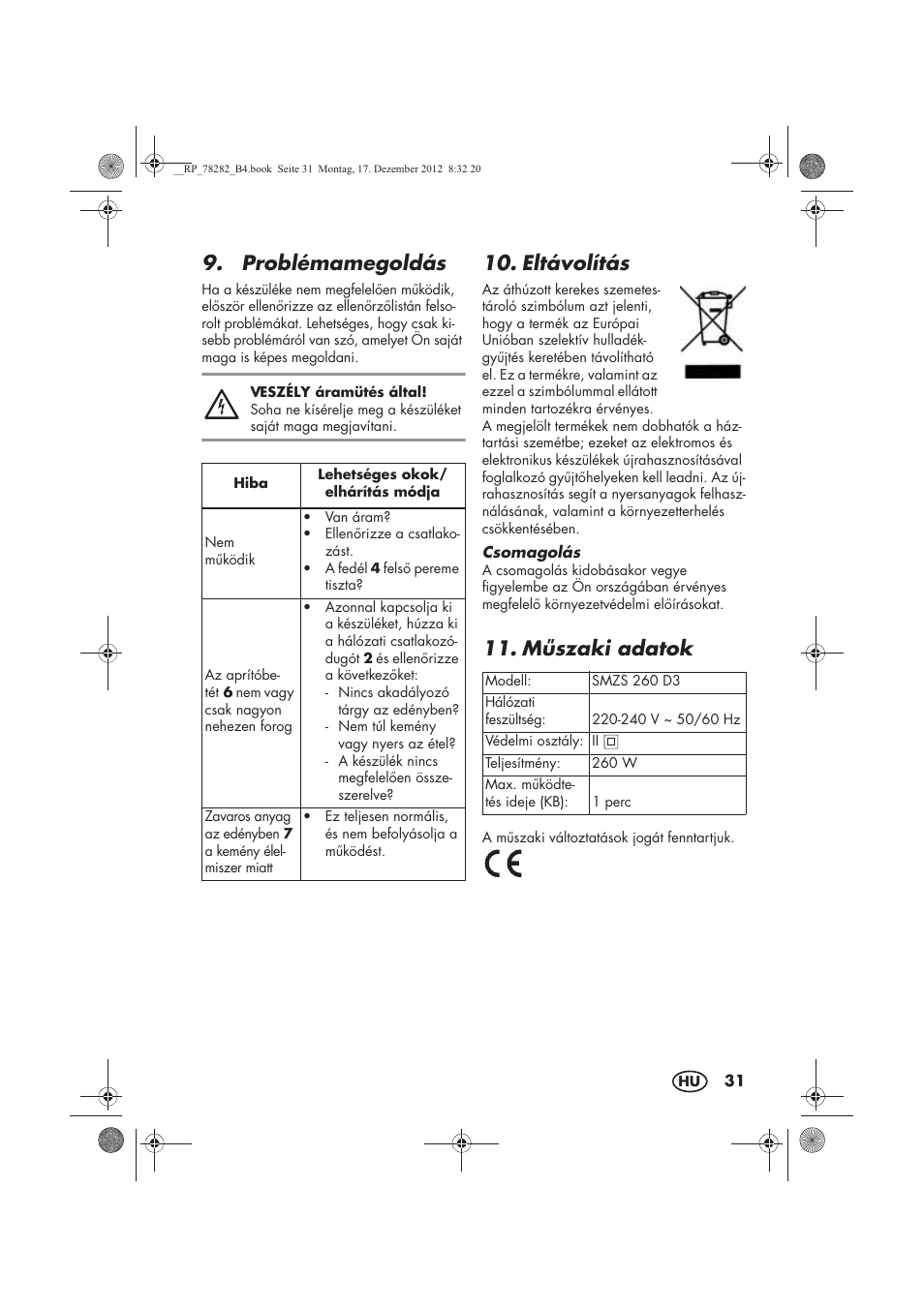 Problémamegoldás, Eltávolítás, Mszaki adatok | Silvercrest SMZS 260 D3 User Manual | Page 33 / 78