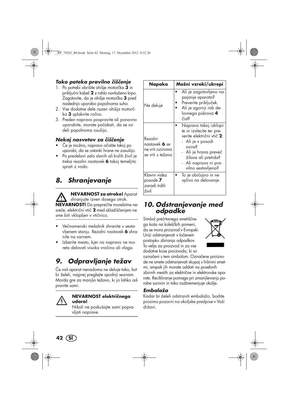Shranjevanje, Odpravljanje težav, Odstranjevanje med odpadke | Silvercrest SMZS 260 D3 User Manual | Page 44 / 78