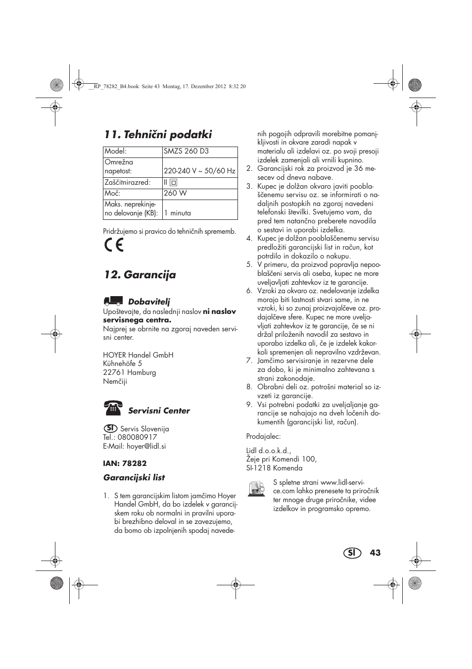 Tehnini podatki, Garancija | Silvercrest SMZS 260 D3 User Manual | Page 45 / 78