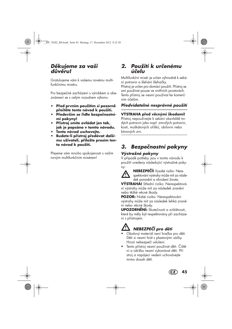 Dkujeme za vaši dvru, Použití k urenému úelu, Bezpenostní pokyny | Silvercrest SMZS 260 D3 User Manual | Page 47 / 78
