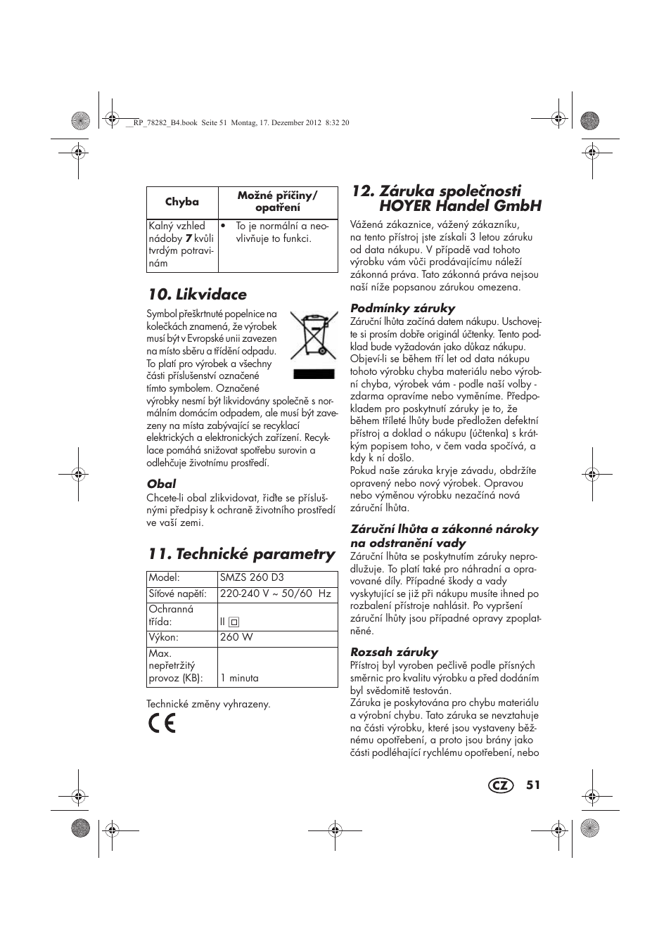 Likvidace, Technické parametry, Záruka spolenosti hoyer handel gmbh | Silvercrest SMZS 260 D3 User Manual | Page 53 / 78