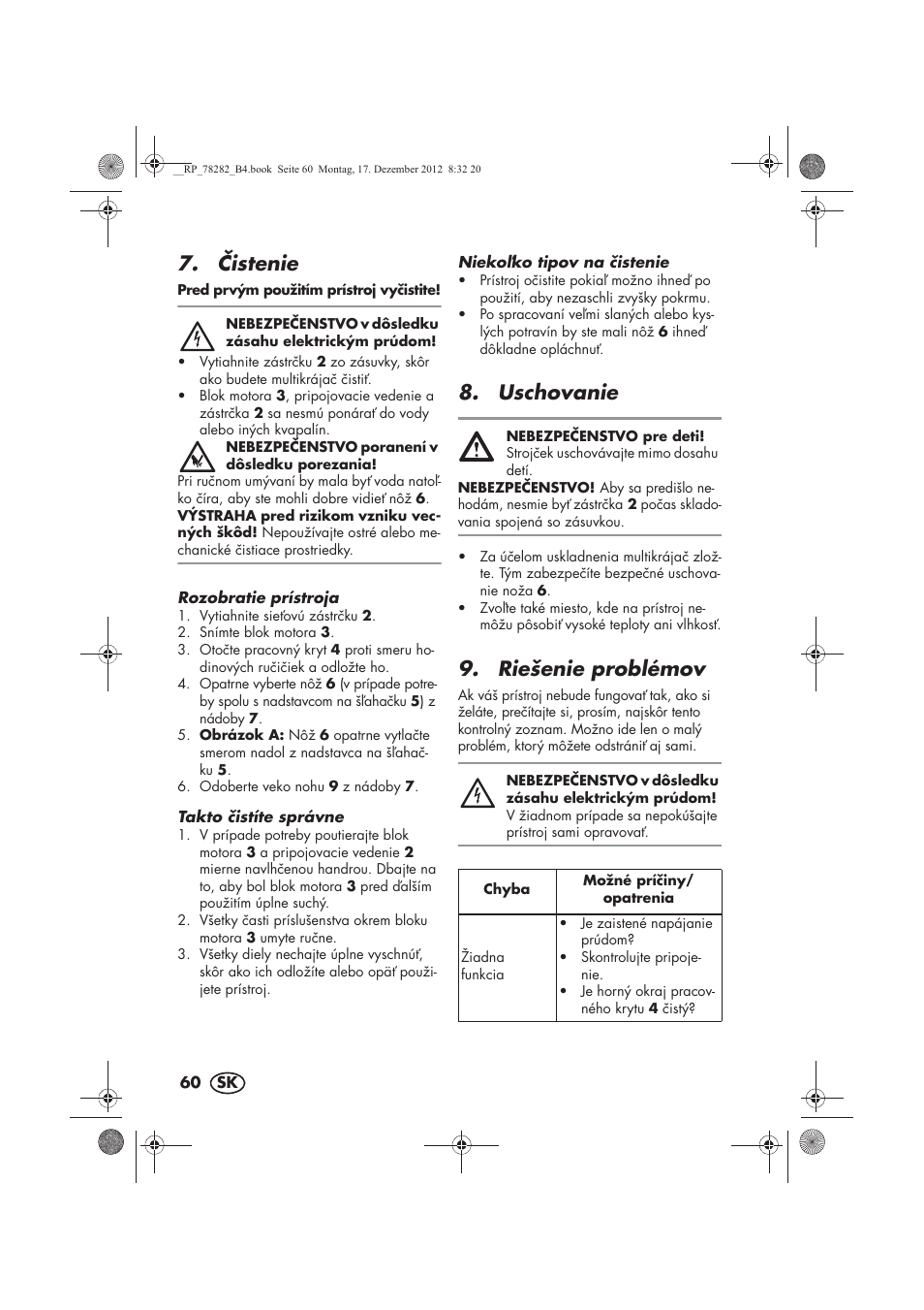 istenie, Uschovanie, Riešenie problémov | Silvercrest SMZS 260 D3 User Manual | Page 62 / 78