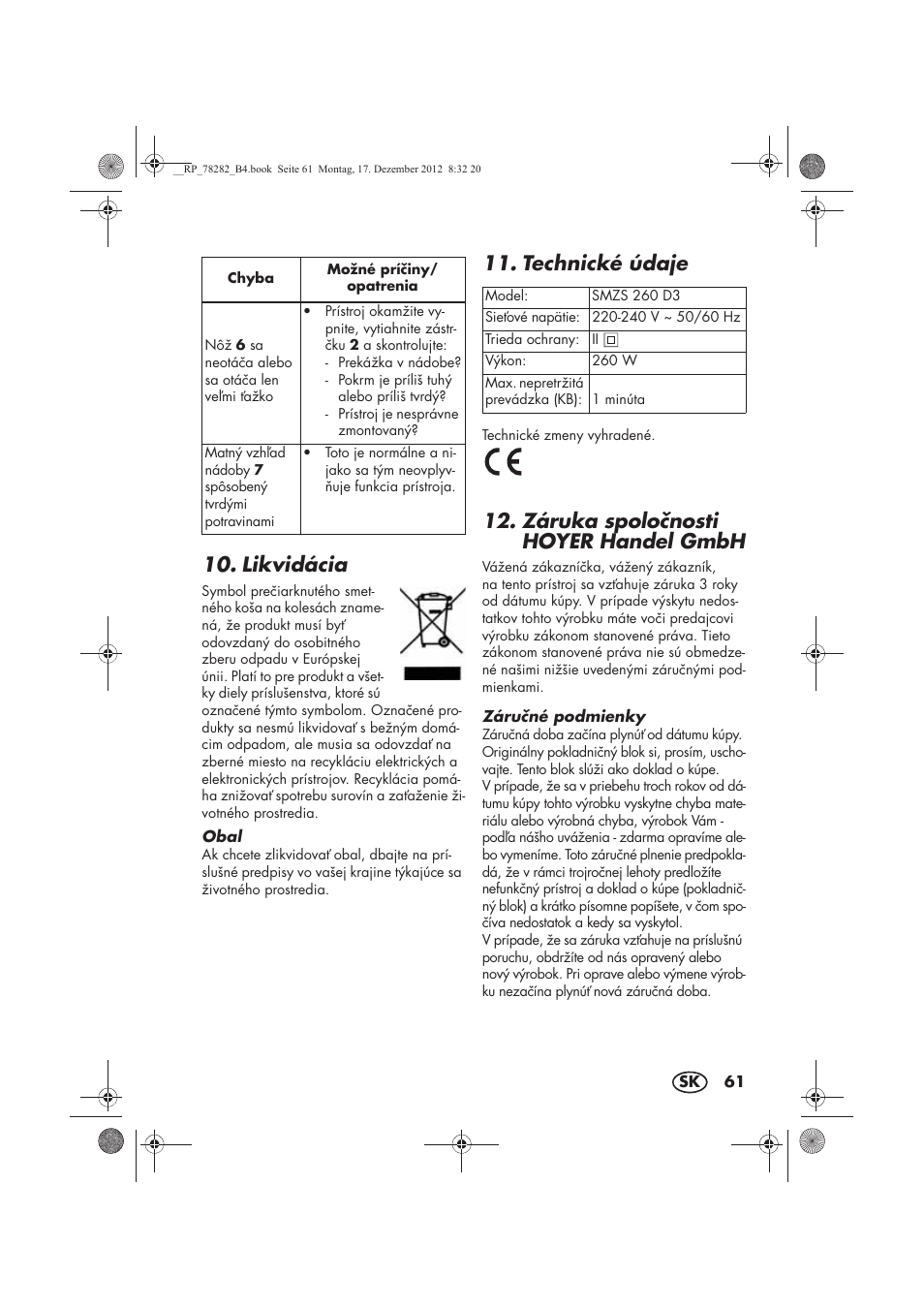 Likvidácia, Technické údaje, Záruka spolonosti hoyer handel gmbh | Silvercrest SMZS 260 D3 User Manual | Page 63 / 78