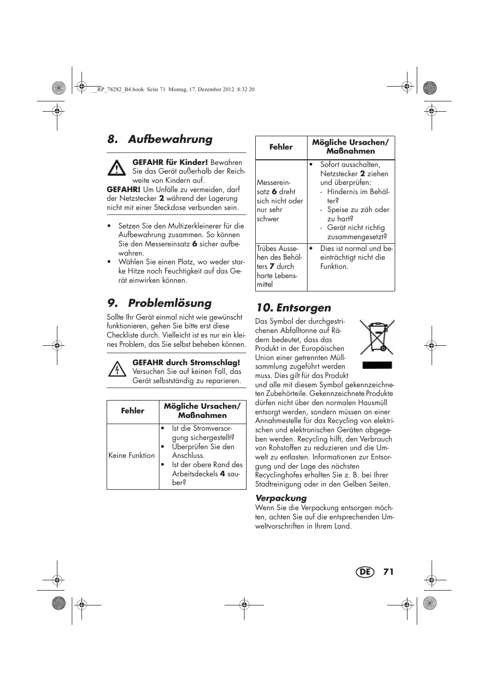 Aufbewahrung, Problemlösung, Entsorgen | Silvercrest SMZS 260 D3 User Manual | Page 73 / 78