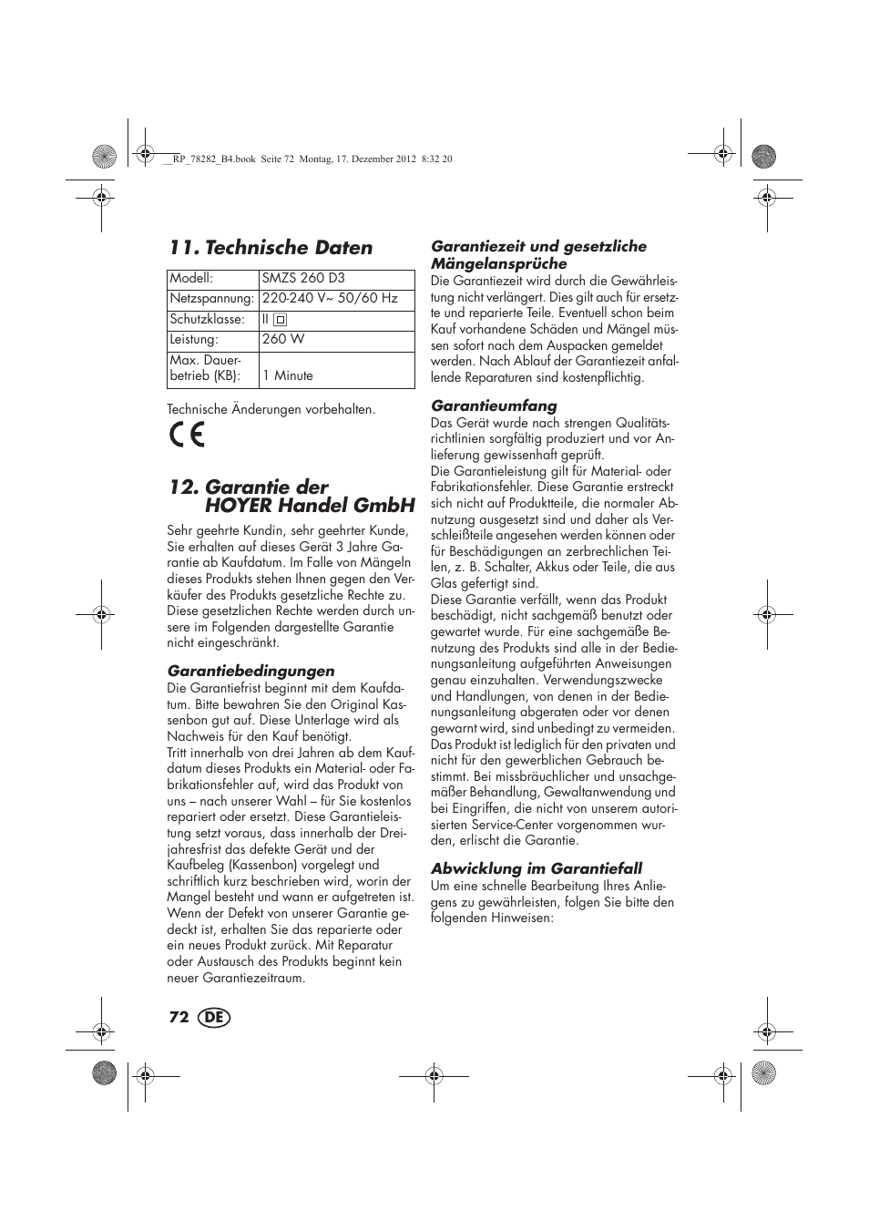 Technische daten, Garantie der hoyerhandel gmbh | Silvercrest SMZS 260 D3 User Manual | Page 74 / 78