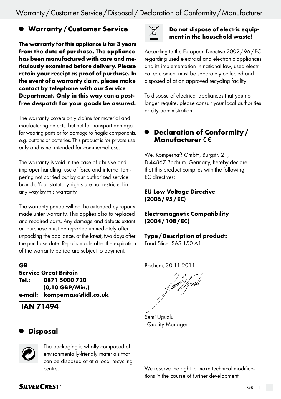 Warranty / customer service, Disposal, Declaration of conformity / manufacturer | Silvercrest SAS 150 A1 User Manual | Page 11 / 61