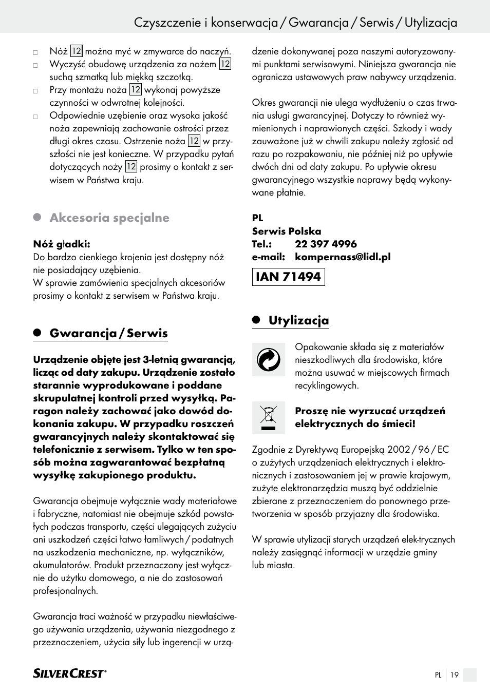 Akcesoria specjalne, Gwarancja / serwis, Utylizacja | Silvercrest SAS 150 A1 User Manual | Page 19 / 61
