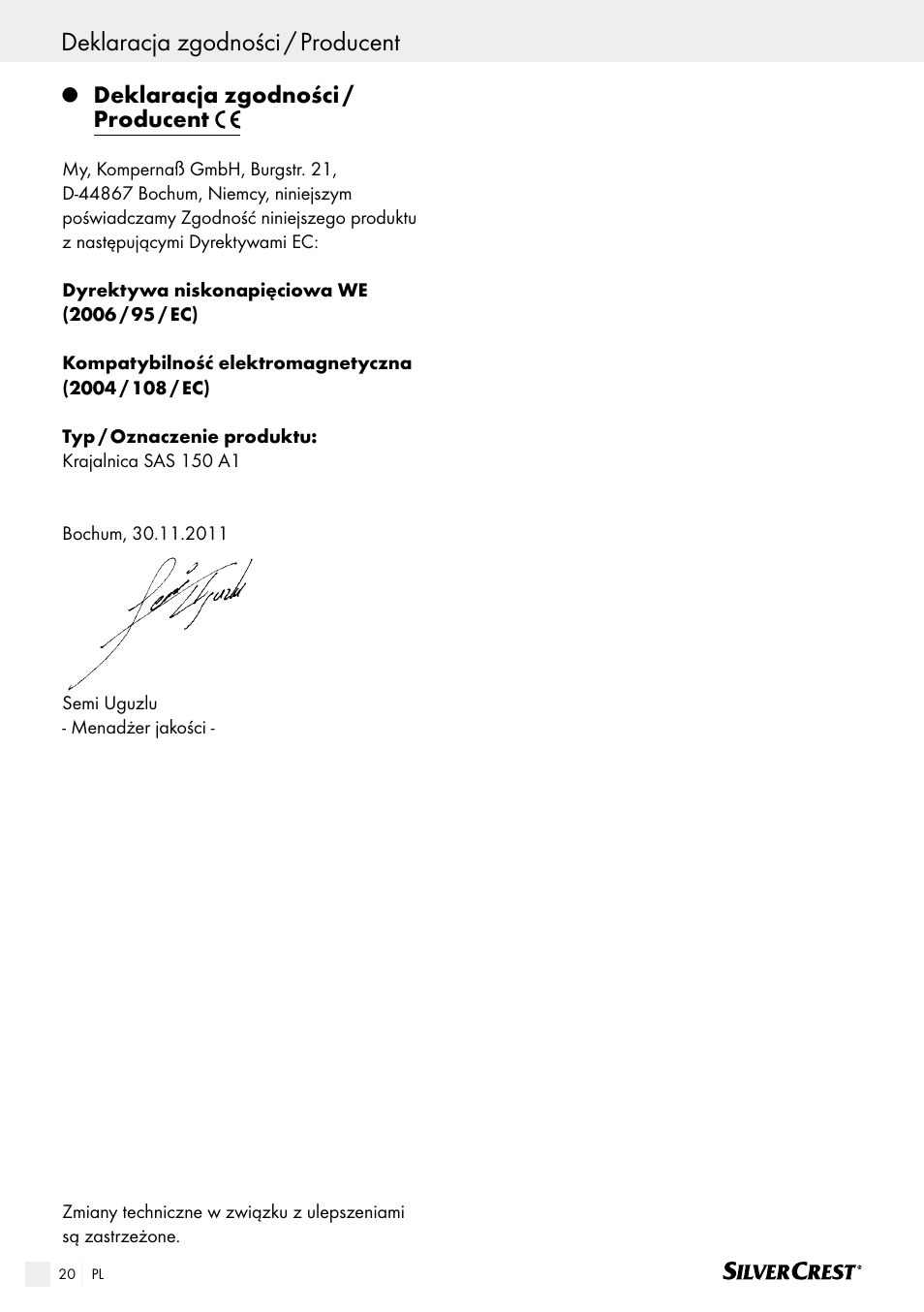 Deklaracja zgodności / producent, Tartalomjegyzék | Silvercrest SAS 150 A1 User Manual | Page 20 / 61