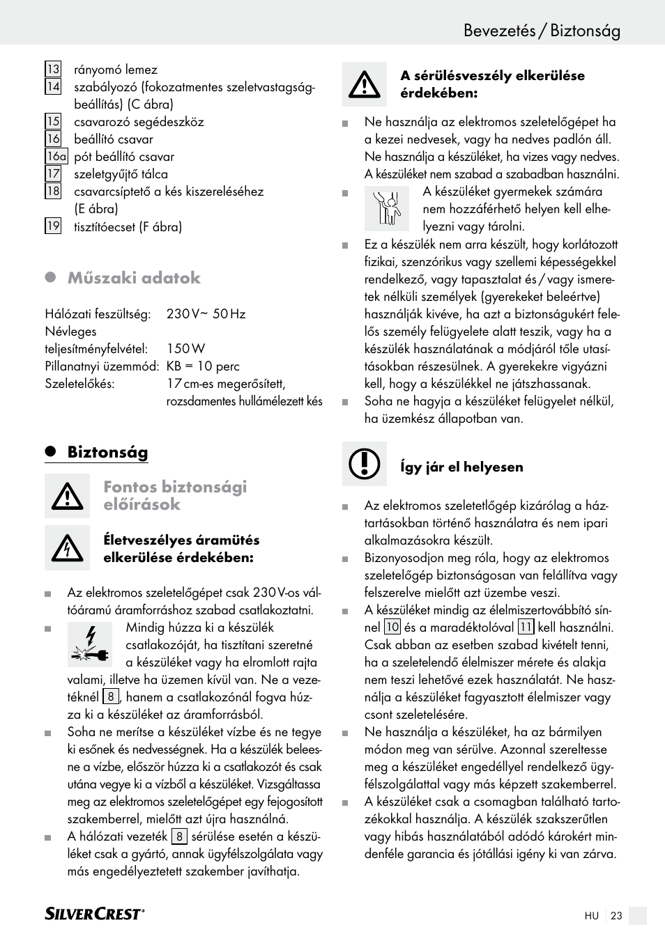 Bevezetés / biztonság bevezetés, Műszaki adatok, Biztonság fontos biztonsági előírások | Silvercrest SAS 150 A1 User Manual | Page 23 / 61